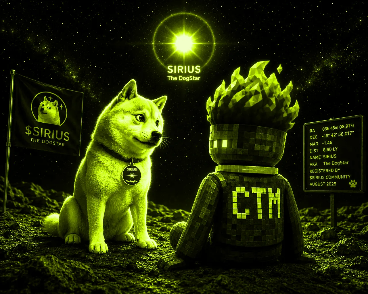 A shiba and the community takeover figure under the Dogestar