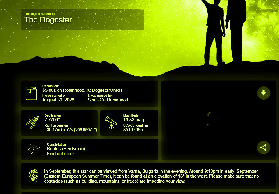 Staracle registry entry: The Dogestar, UCAC3 85197655, Boötes