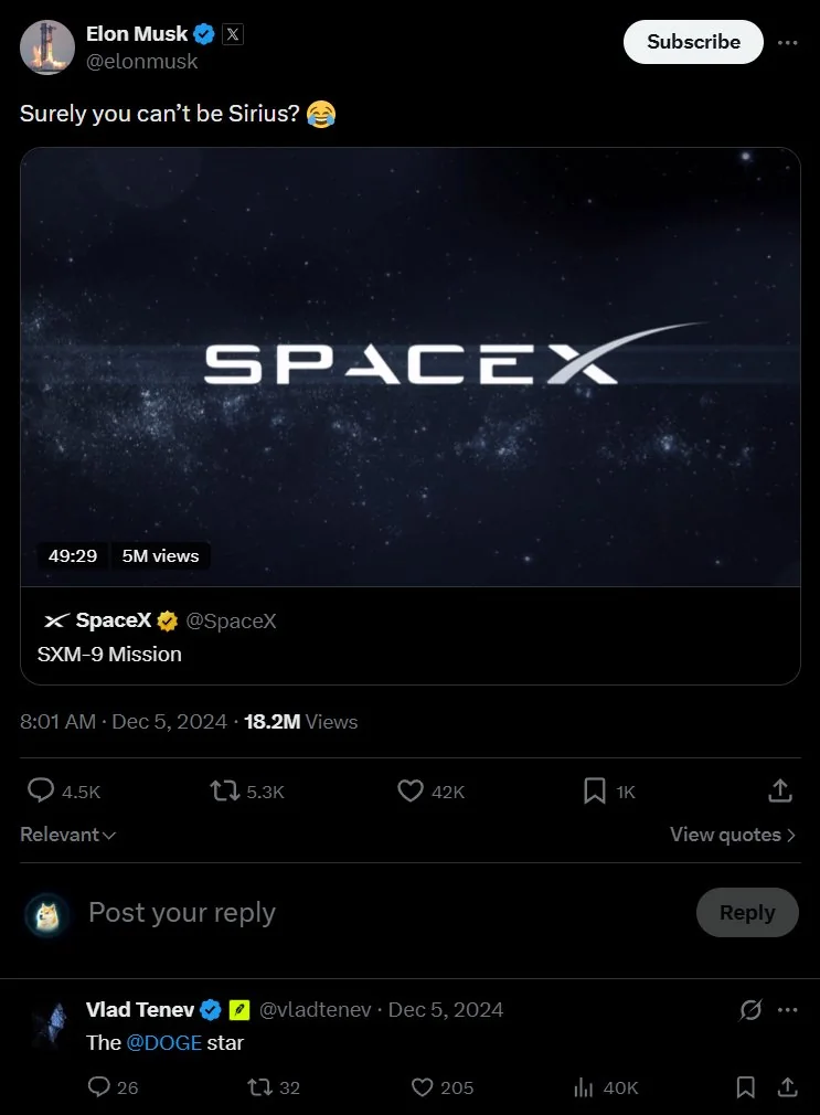 Elon Musk: Surely you can't be Sirius? Vlad Tenev replies: The @DOGE star
